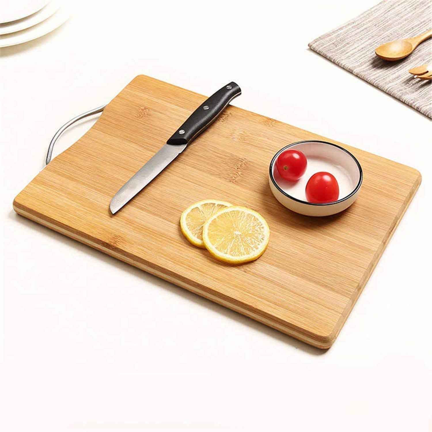 Premium wooden chopping board with a sturdy metal handle and anti-skid base.