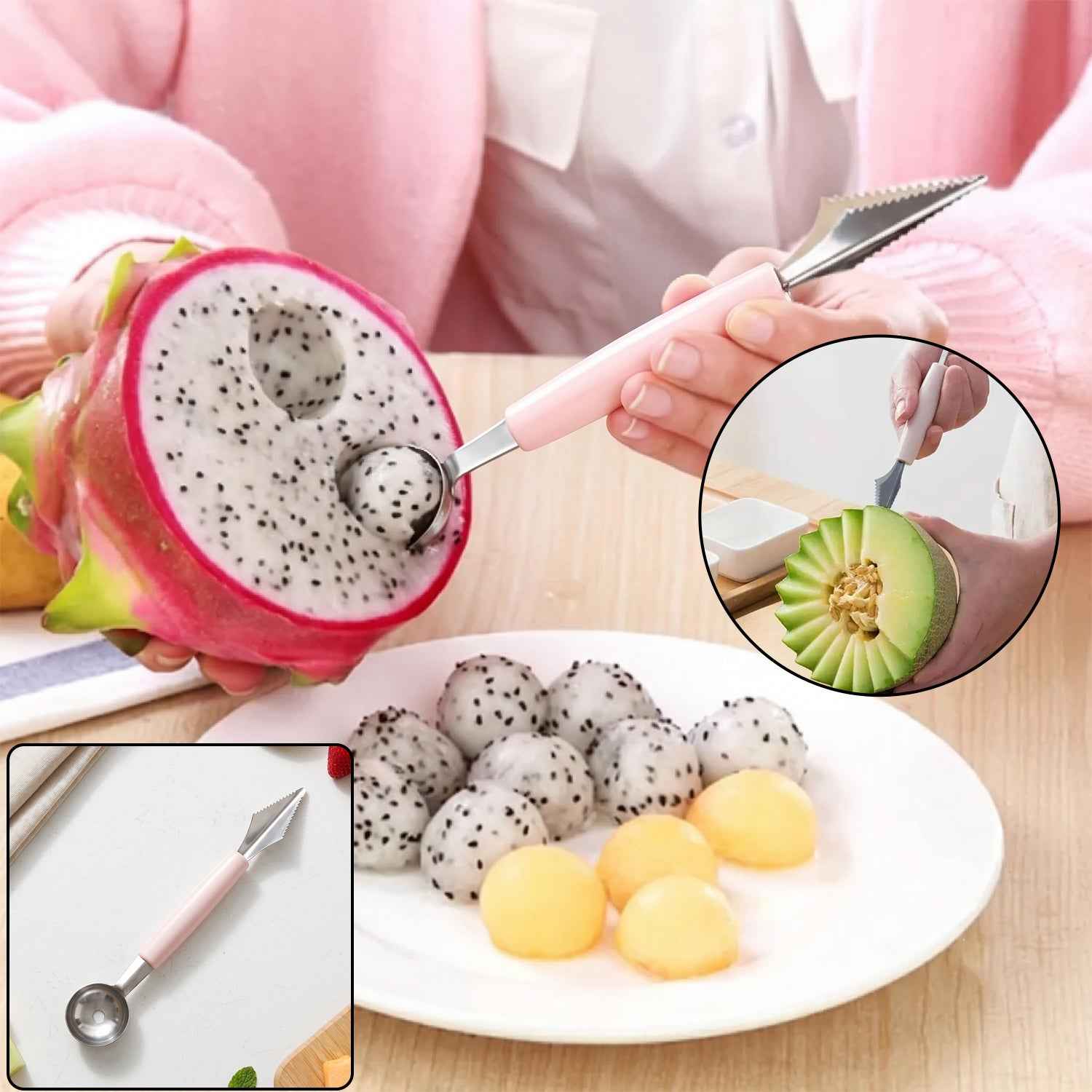 2 In 1 Fruit Carving Tool Watermelon Cutter Melon Baller Scoop Knife (1 Pc)
