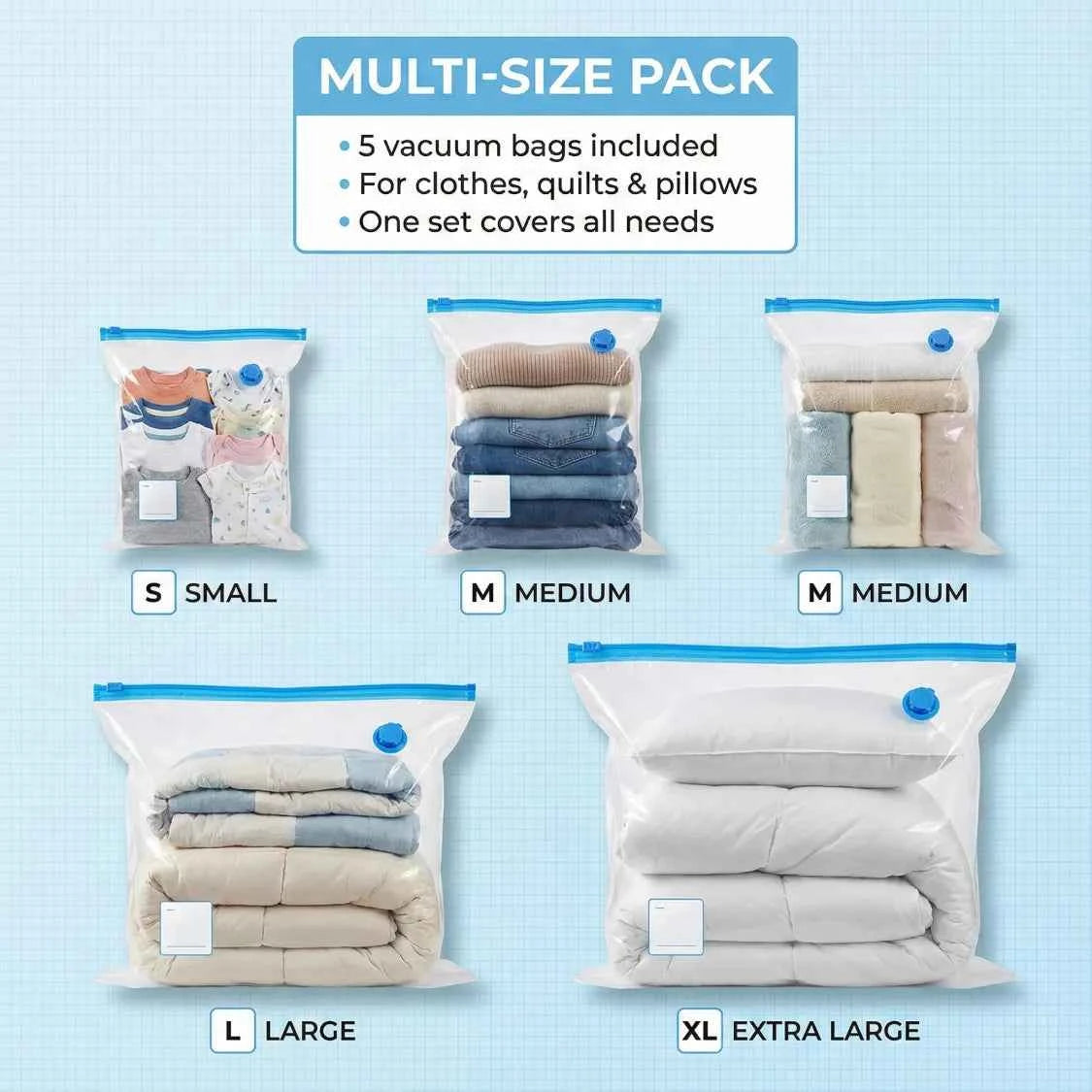 Vacuum Storage Bags with Suction Pump – Space-Saving 5 Pcs Set