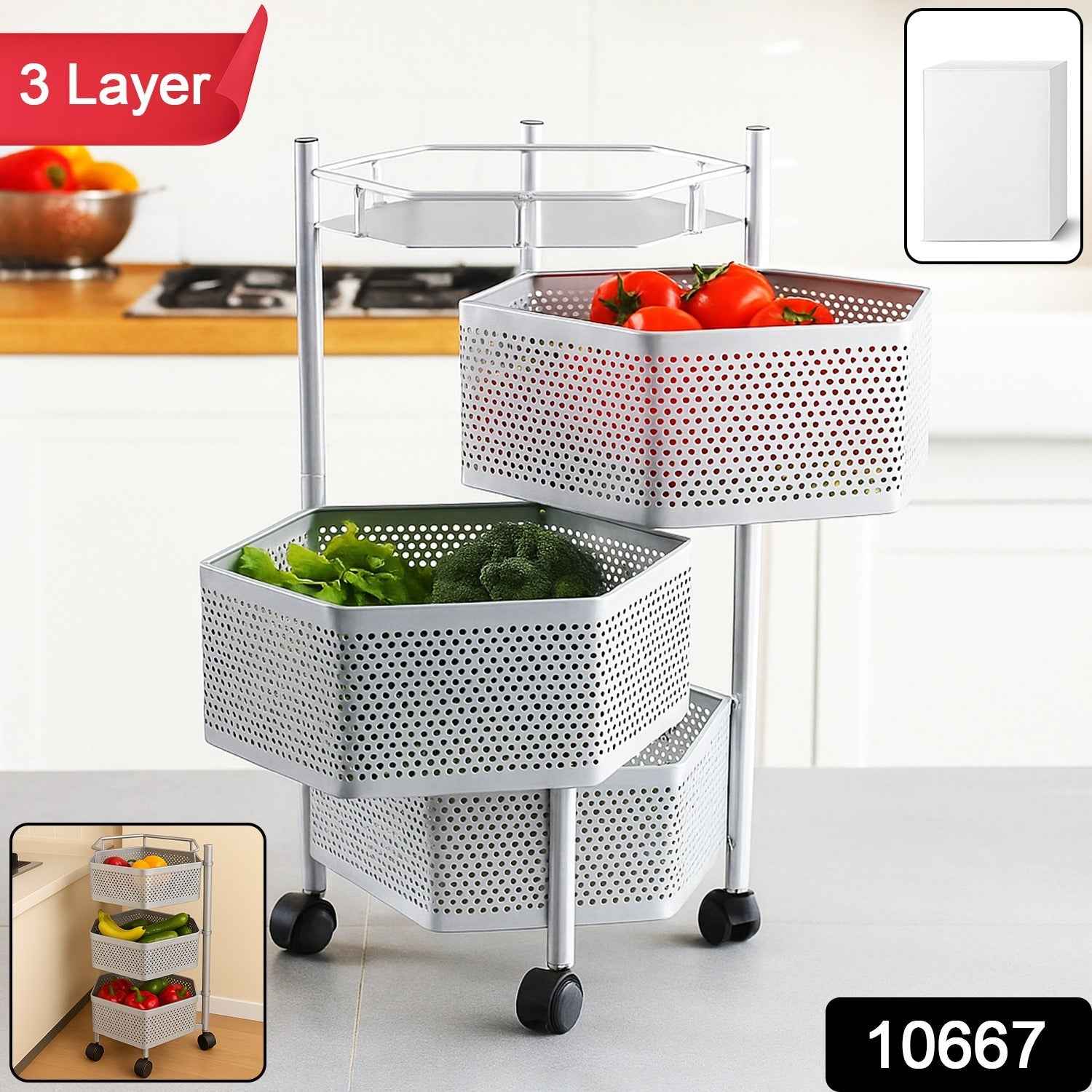 Kitchen Storage Trolley – Premium 3-Layer Hexagon Metal Organizer with Wheels