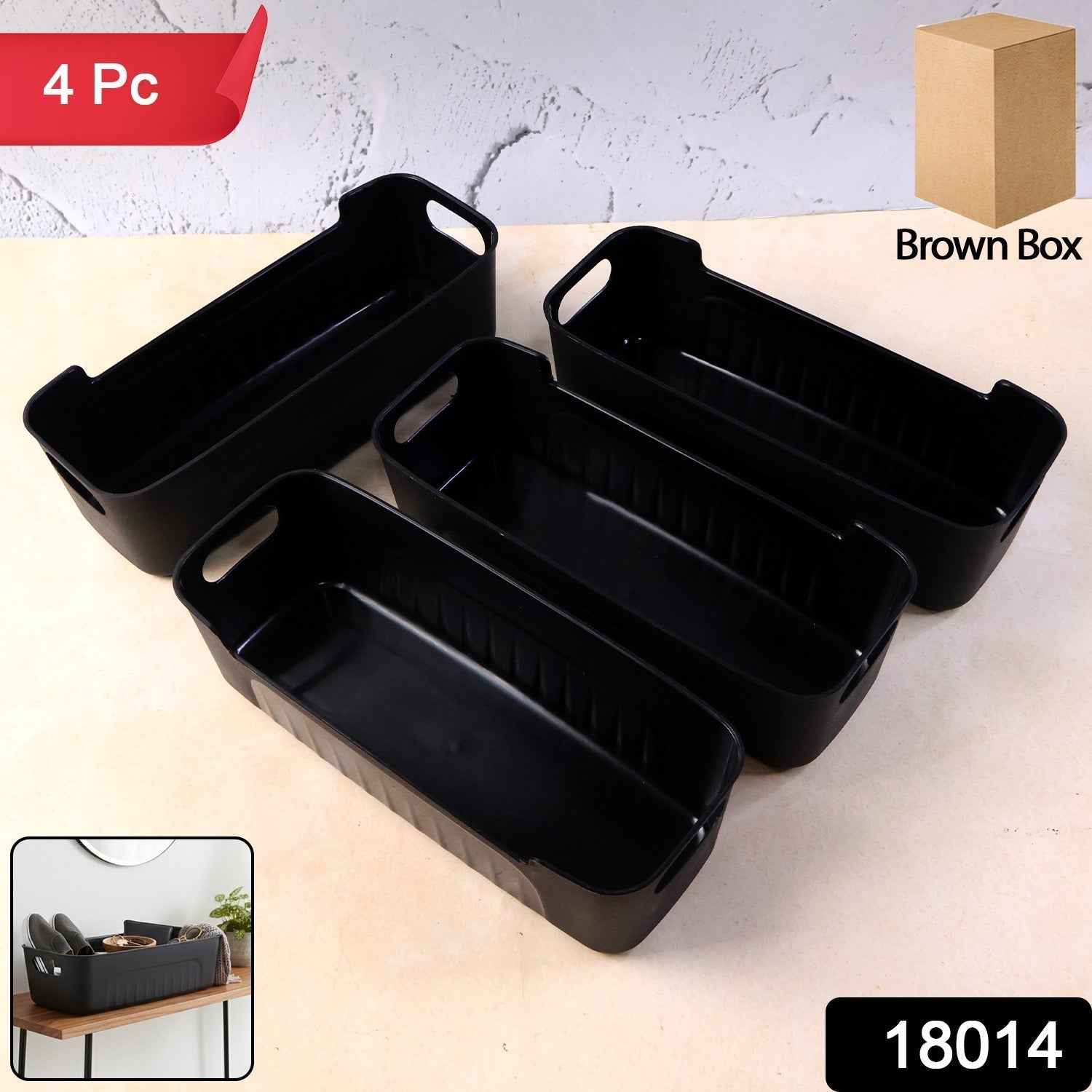 Black Plastic Storage Basket Tray – 4-Piece Stackable Organizer