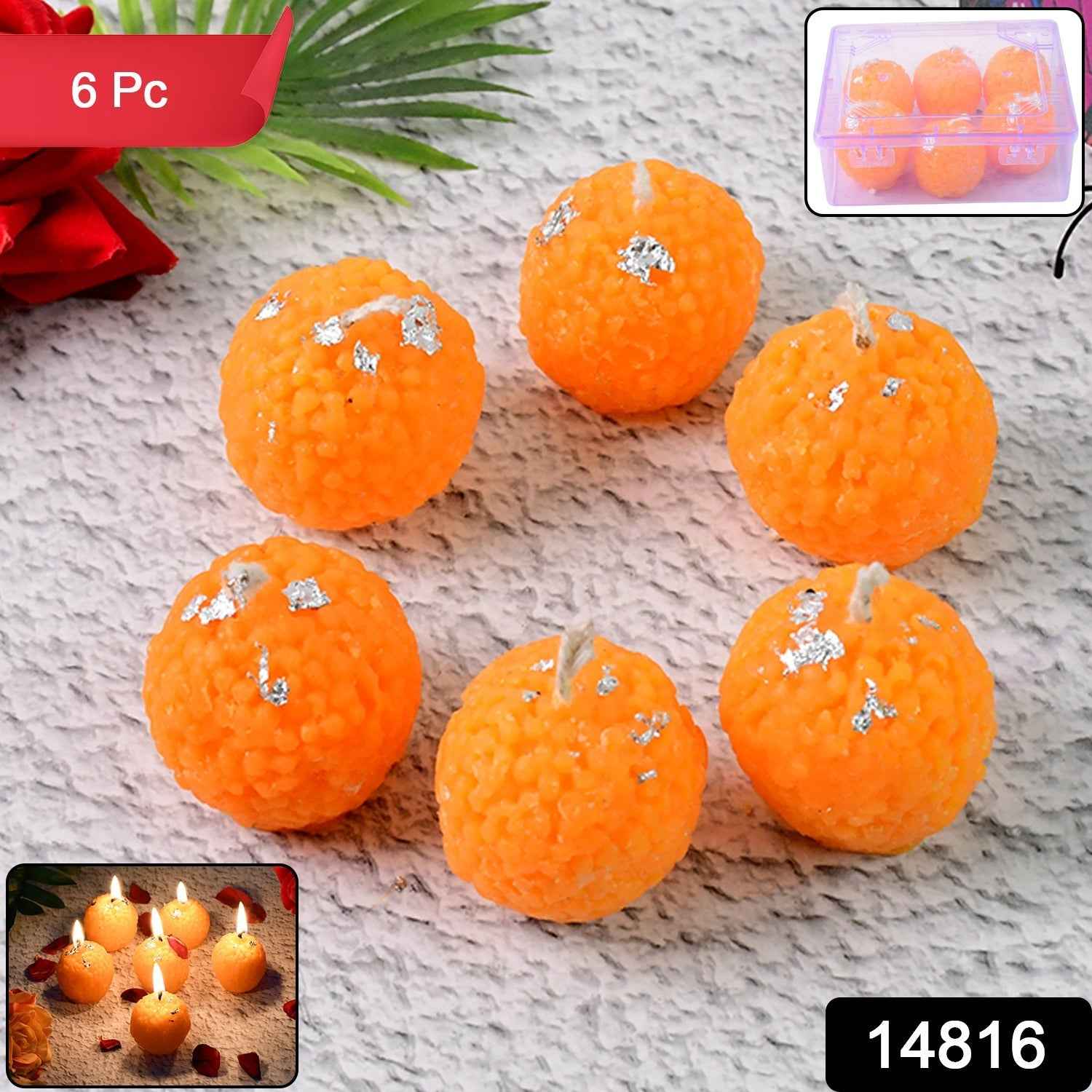 Laddu-Shaped Wax Candles – Set of 6 with Silver Leaf Decoration