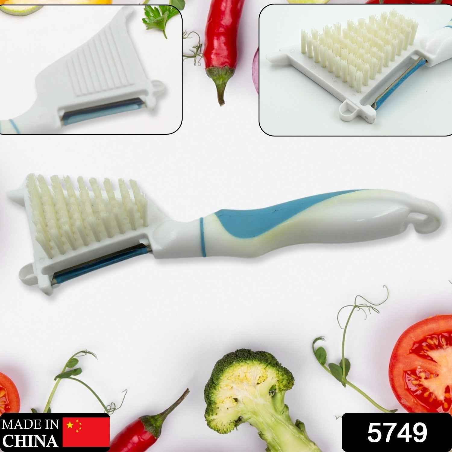 Close-up of the 5-in-1 peeler brush demonstrating its integrated cleaning bristles.