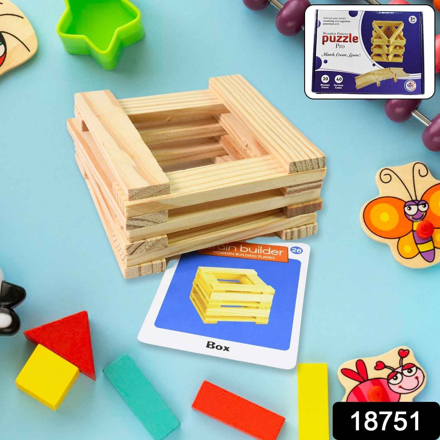 Full set of Wooden Pattern Puzzle pieces and pattern cards laid out on a table.