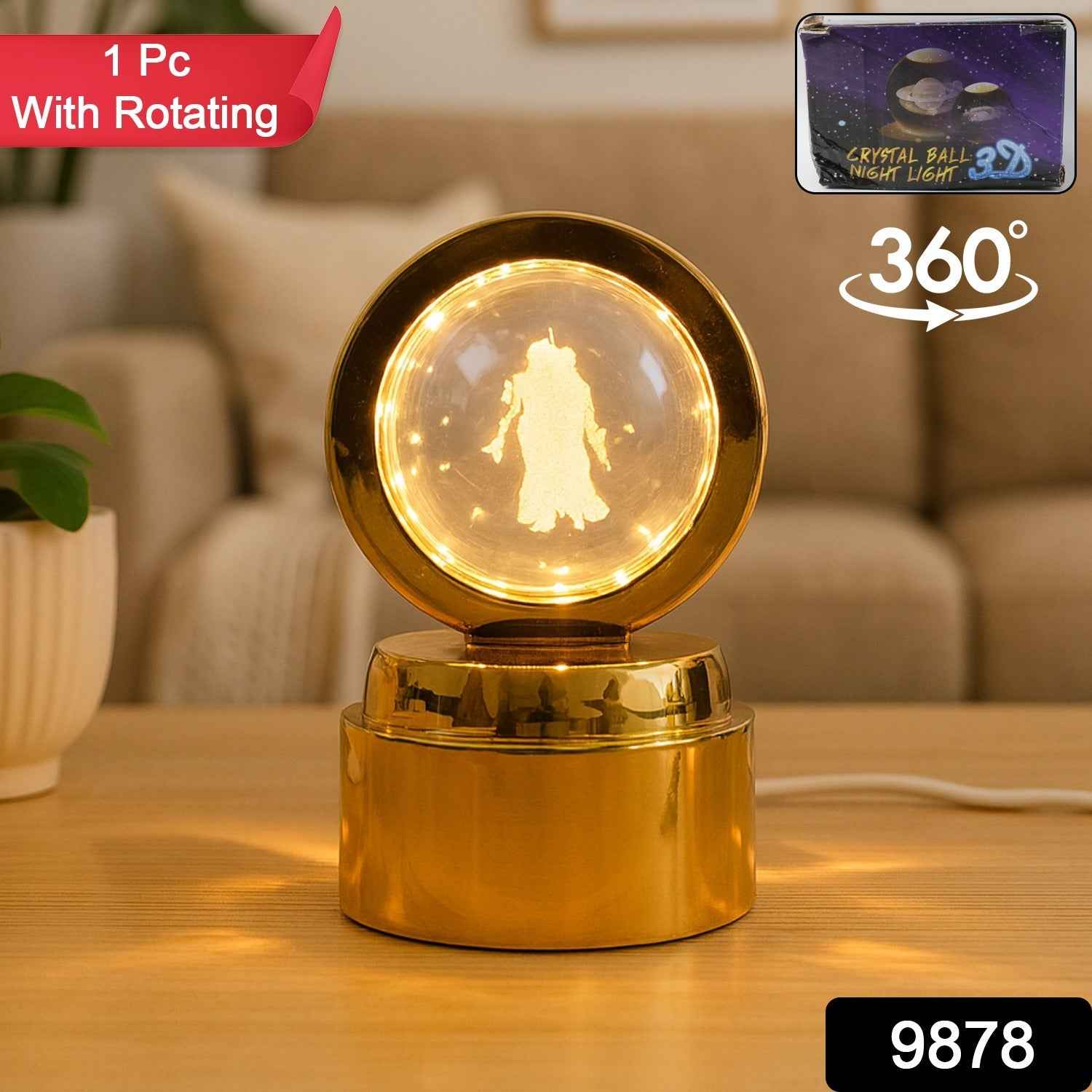 Radhe Krishna Crystal Ball Night Light – 360° Rotating LED Lamp