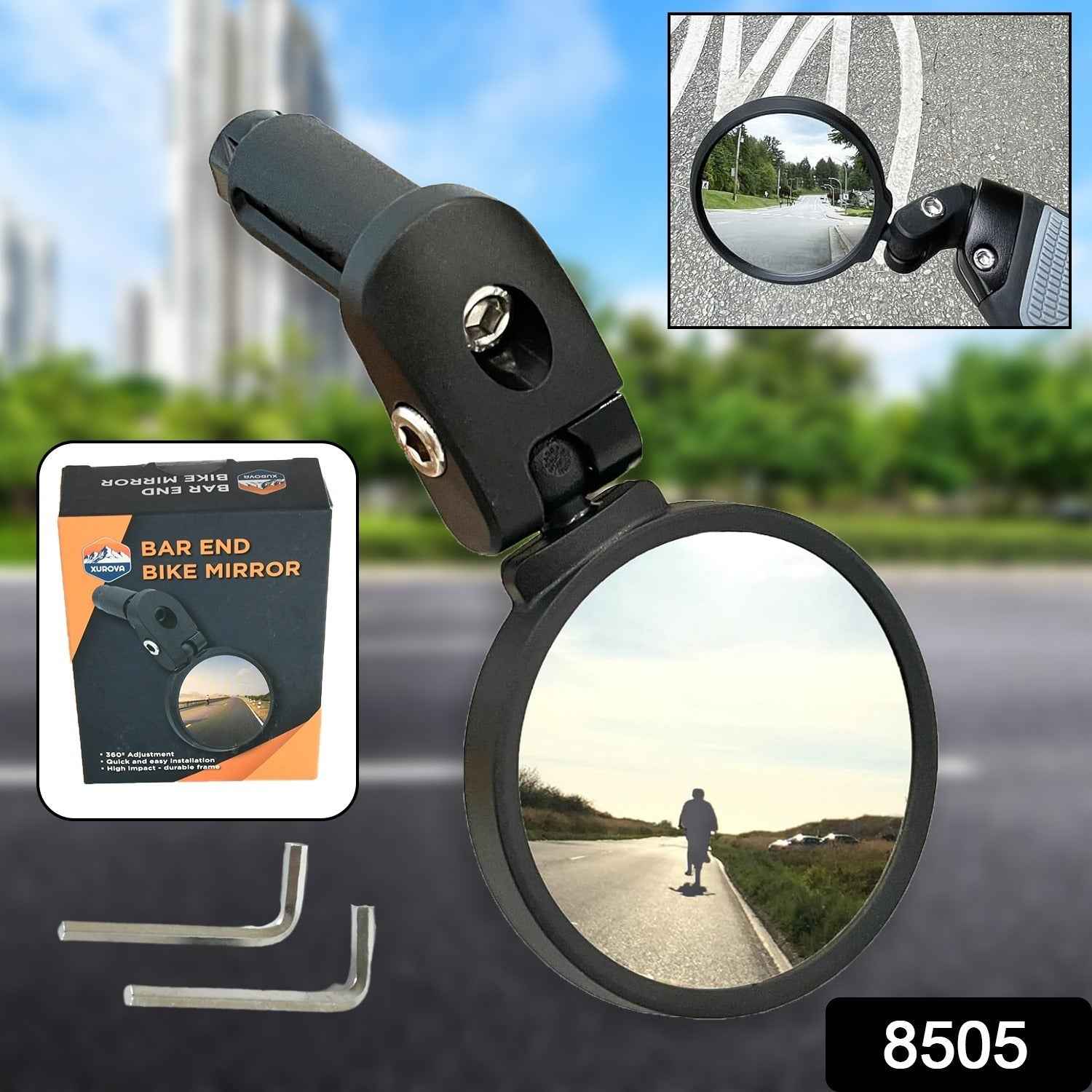 Close-up of the convex surface of the RaceVault Bar End Bike Mirror, showing its wide-angle reflection.