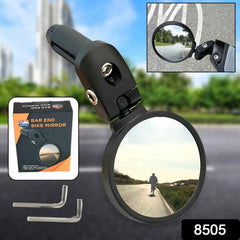 Close-up of the convex surface of the RaceVault Bar End Bike Mirror, showing its wide-angle reflection.