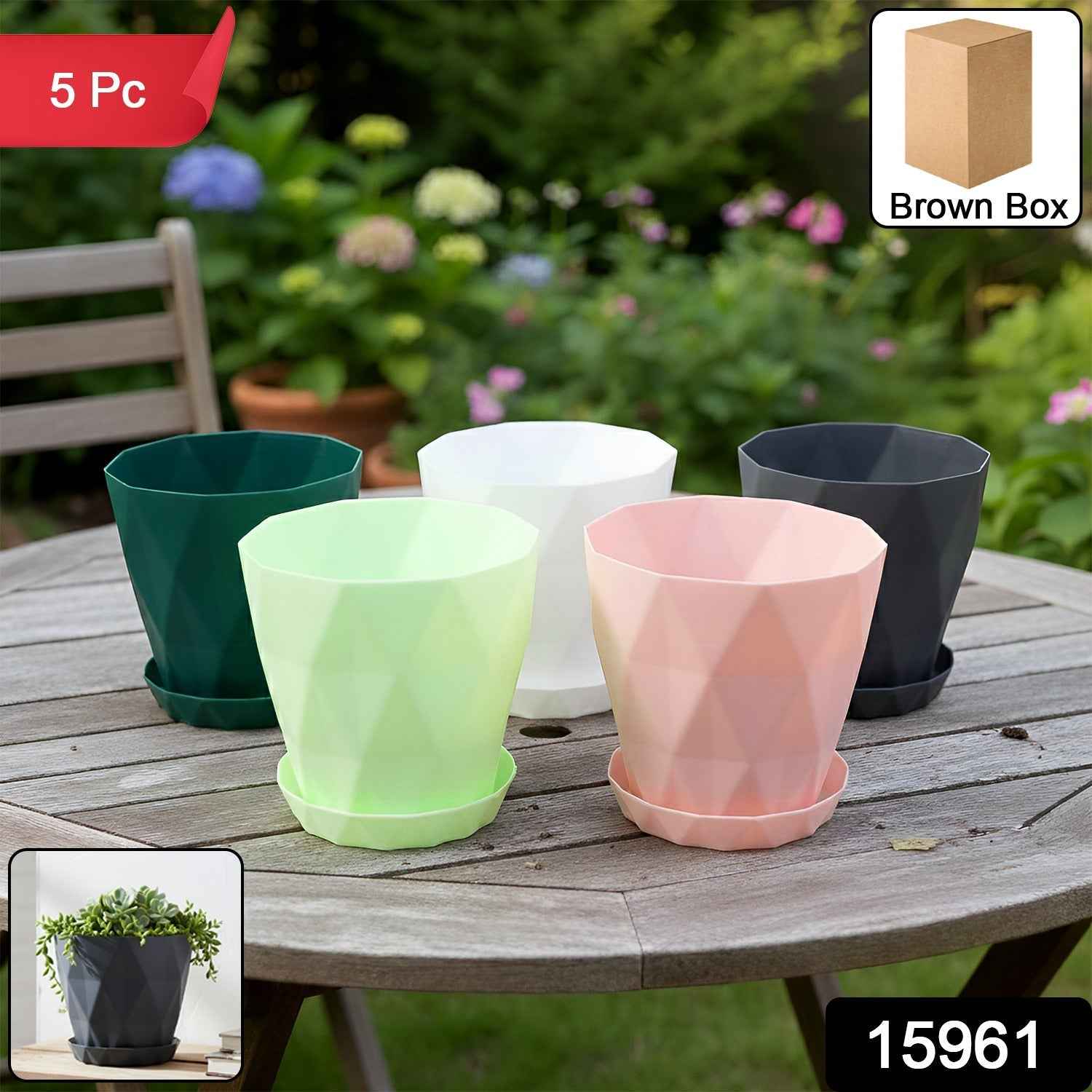 Diamond Design Plastic Flower Pot Set – Stylish 5-Piece Planters with Drain Tray