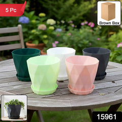 Diamond Design Plastic Flower Pot Set – Stylish 5-Piece Planters with Drain Tray