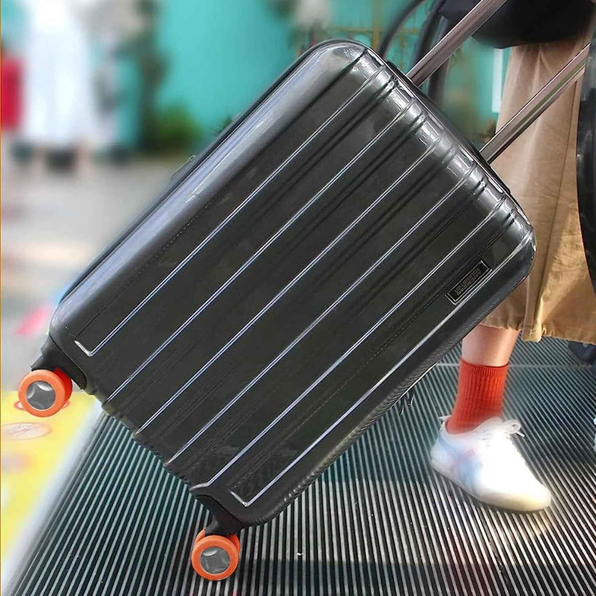 Set of eight vibrant silicone luggage wheel covers, ideal for suitcase protection.