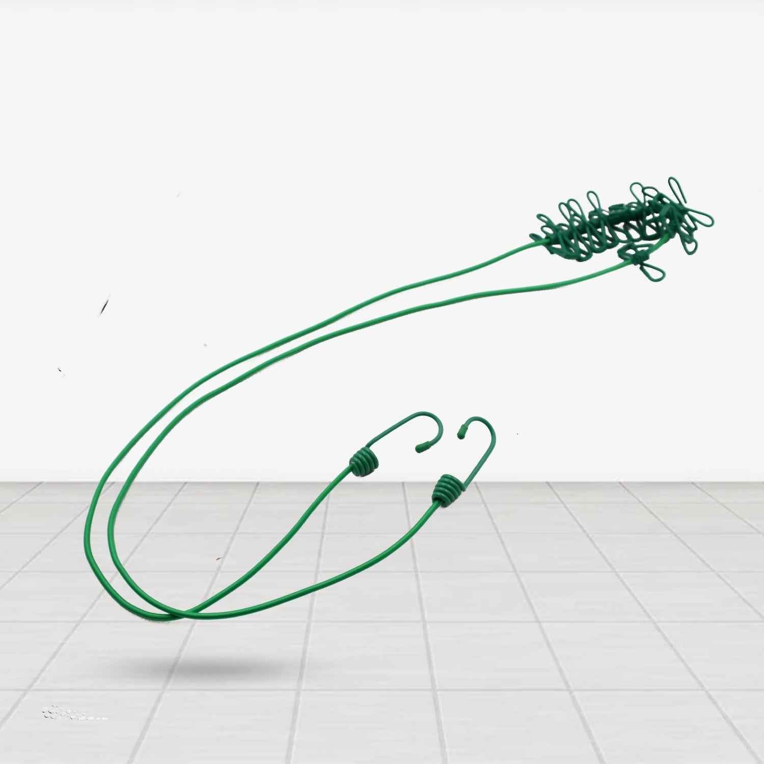 Elastic drying rope with hooks, showing its flexibility for various uses.