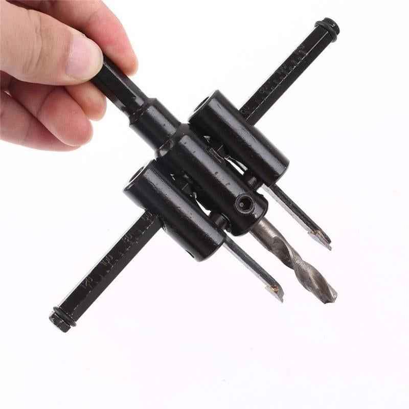 Adjustable circle hole saw showing included hex key and center drill.