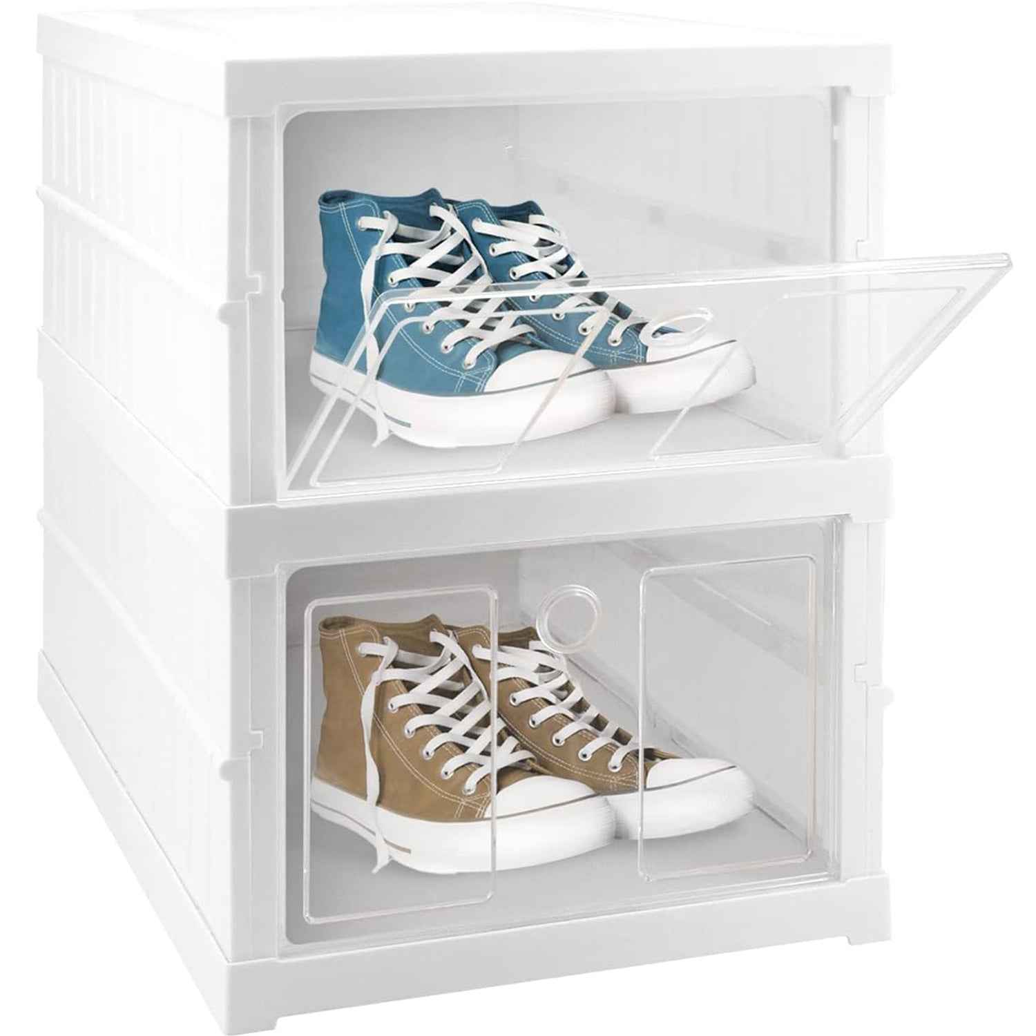 A person easily moving the stackable storage rack, demonstrating its mobility and casters.