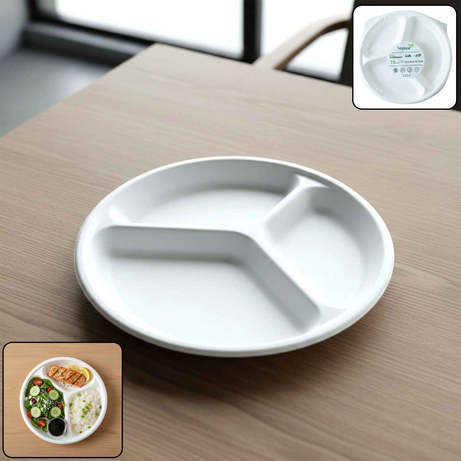 Compostable 10 Inch 3-Compartment Bagasse Plate – Leak-Resistant & Eco-Friendly