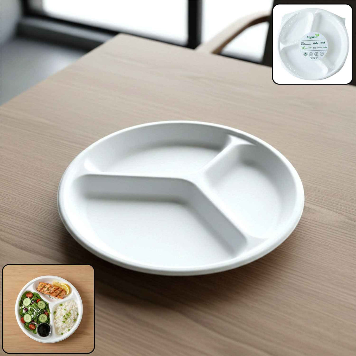 Compostable 10 Inch 3-Compartment Bagasse Plate – Leak-Resistant & Eco-Friendly