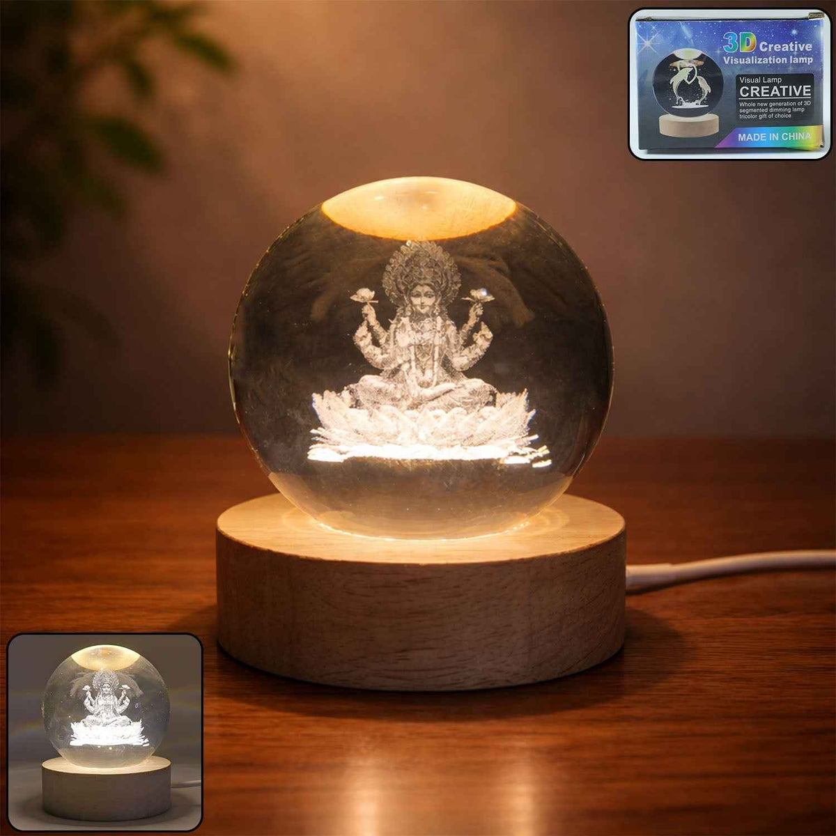 3D Crystal Lakshmi Ball LED Night Lamp – Warm Spiritual Decor