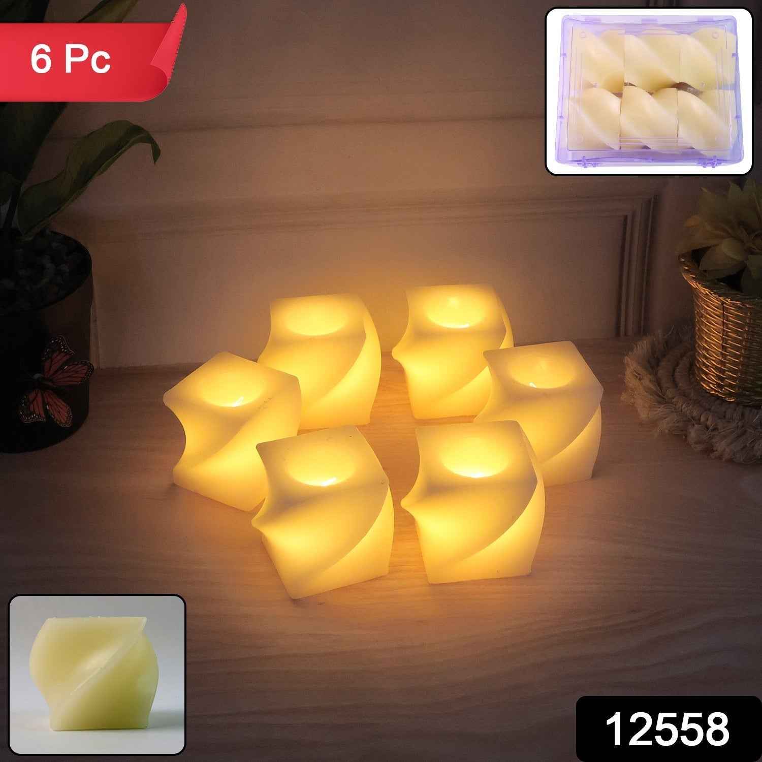 Square LED Flameless Candles – Set of 6 for Home Decor & Pooja