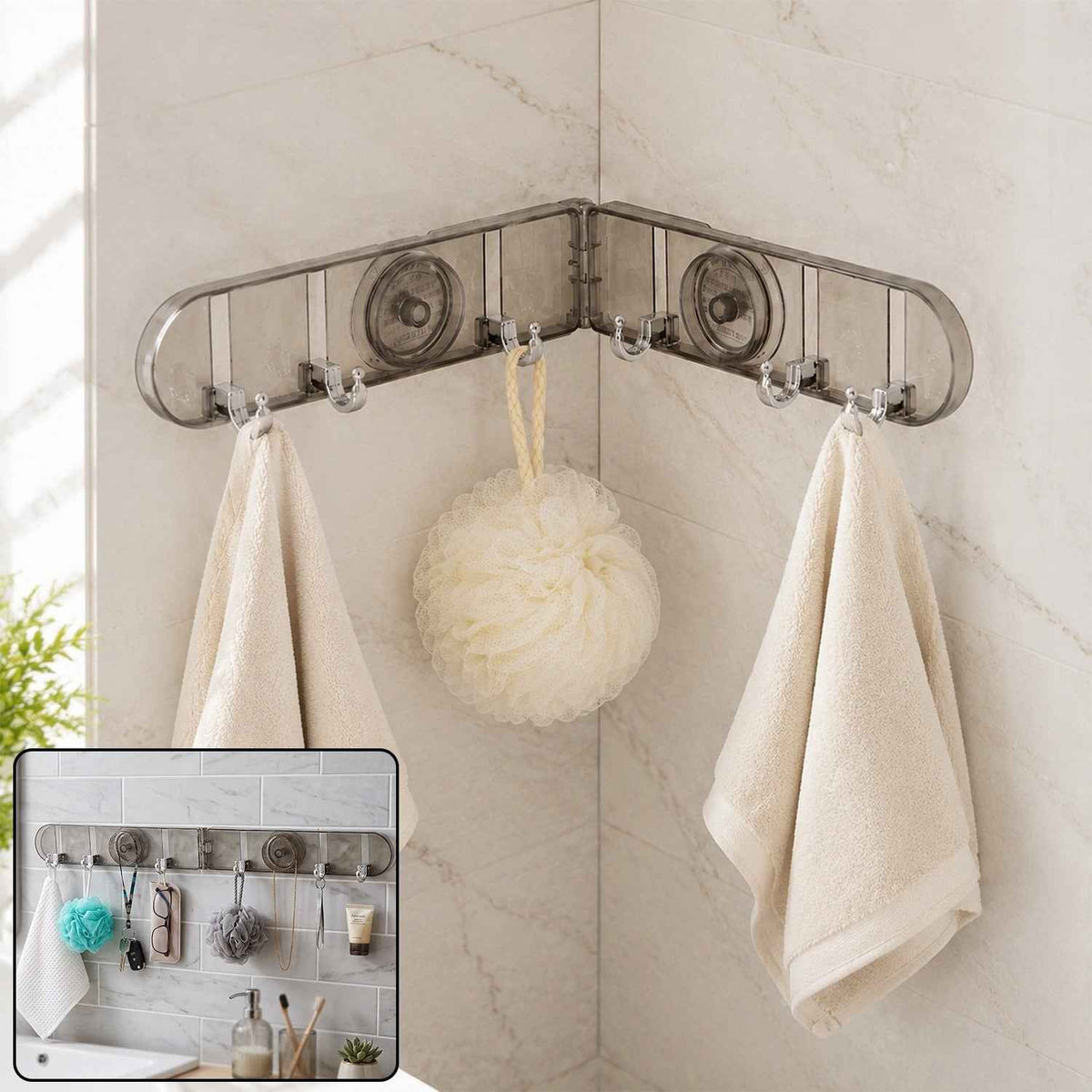 6 Hook Foldable Wall Rack with Suction Cup Mount for Bathroom Kitchen (1 Pc)