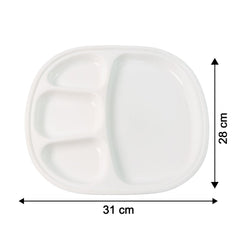 Dinner plate showing size dimensions 31x28 cm in white plastic