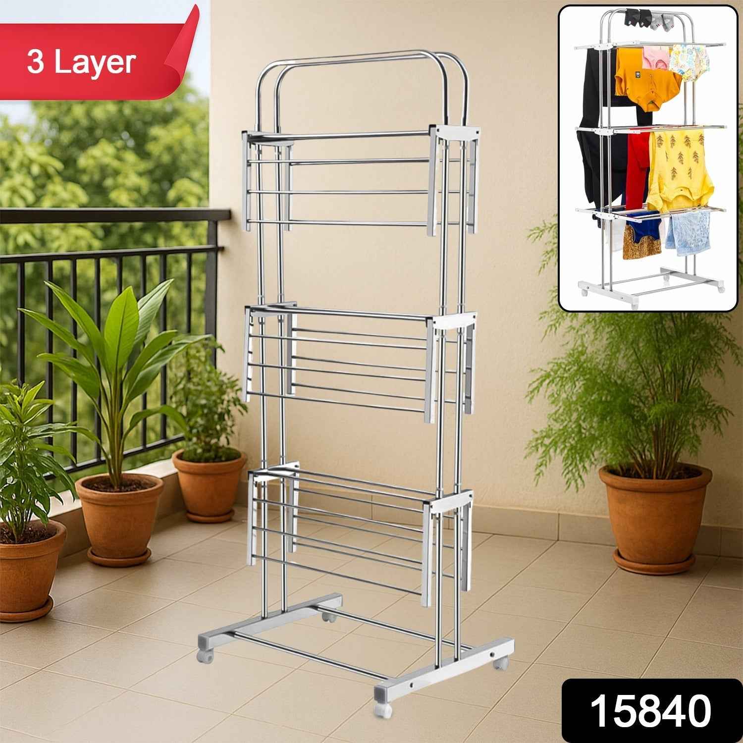 Stainless Steel Clothes Drying Stand – Foldable 3-Layer Rack with Wheels