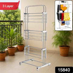 Stainless Steel Clothes Drying Stand – Foldable 3-Layer Rack with Wheels