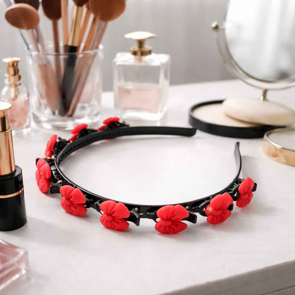 Decorative Floral Headband with Built-In Mini Claw Clips – Stylish and Secure
