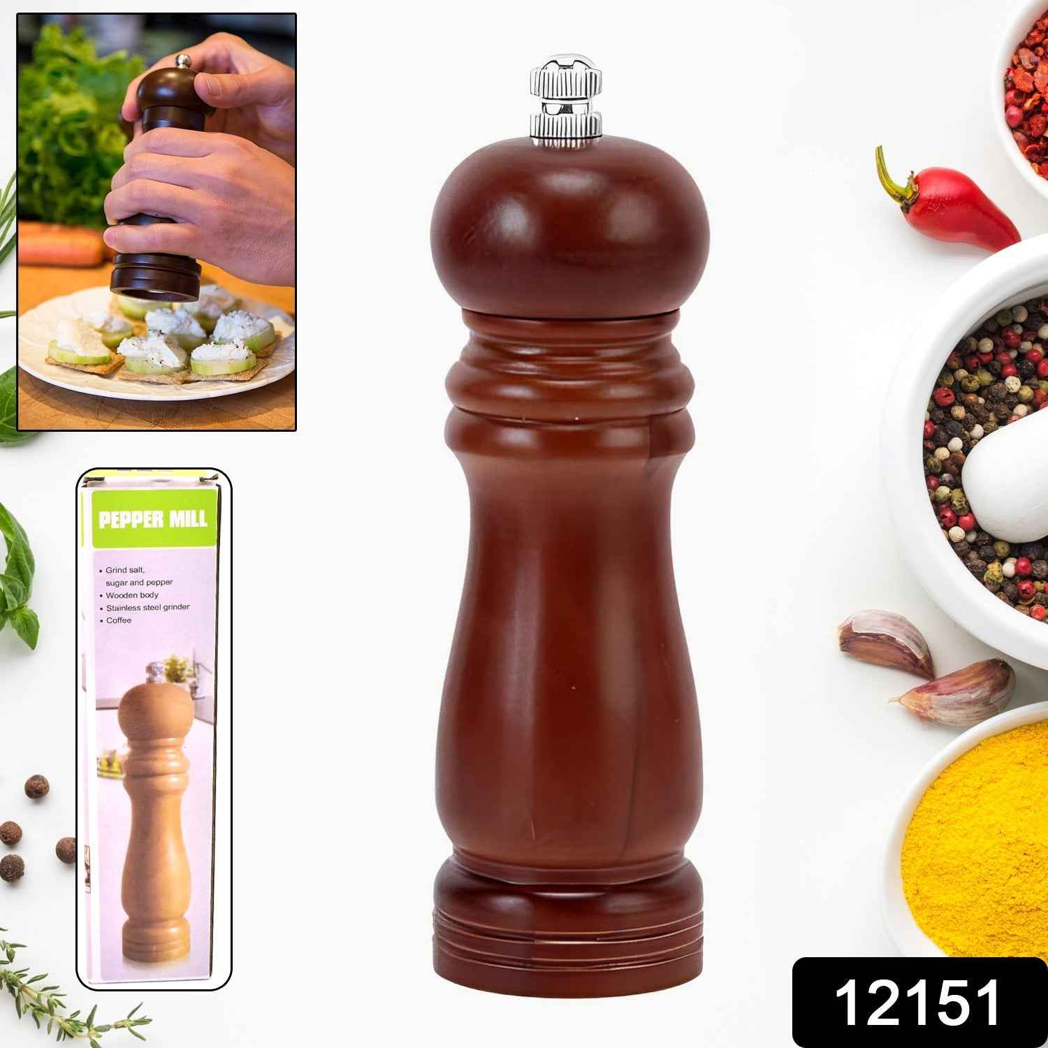 Wooden Pepper Mill – Adjustable Ceramic Grinder | Grippy