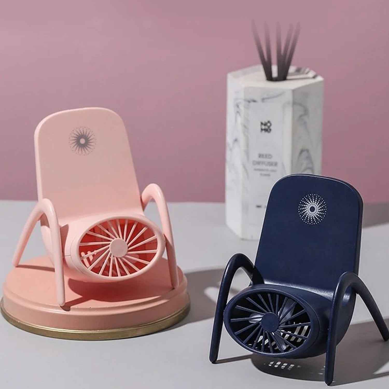 Portable Phone Holder Fan in white, showcasing its compact design and integrated stand.