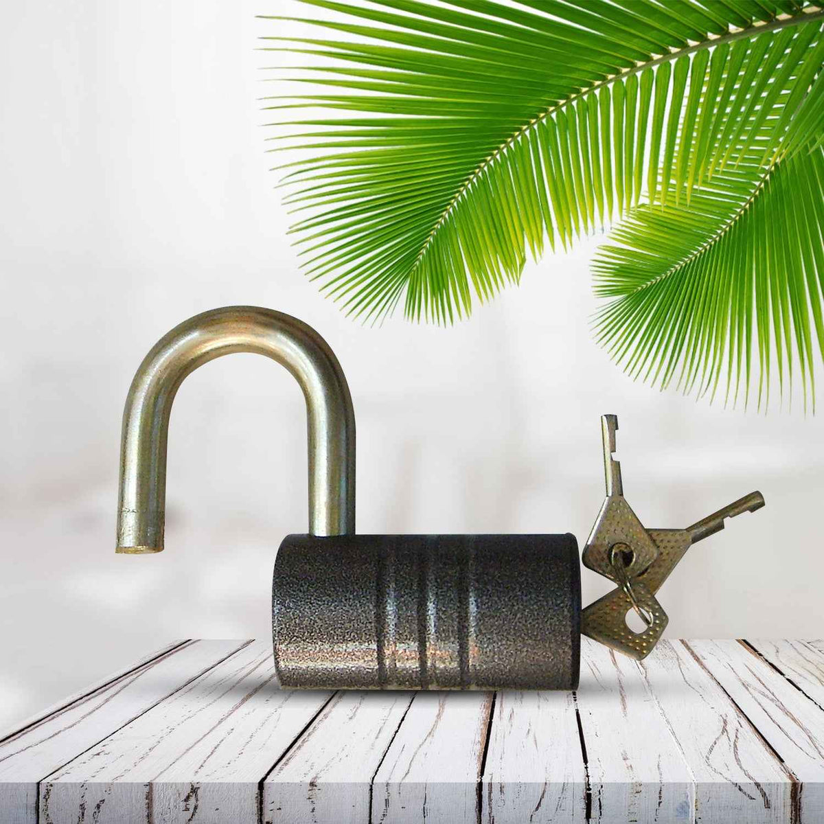Front view of the 82mm heavy-duty iron padlock with its five keys.
