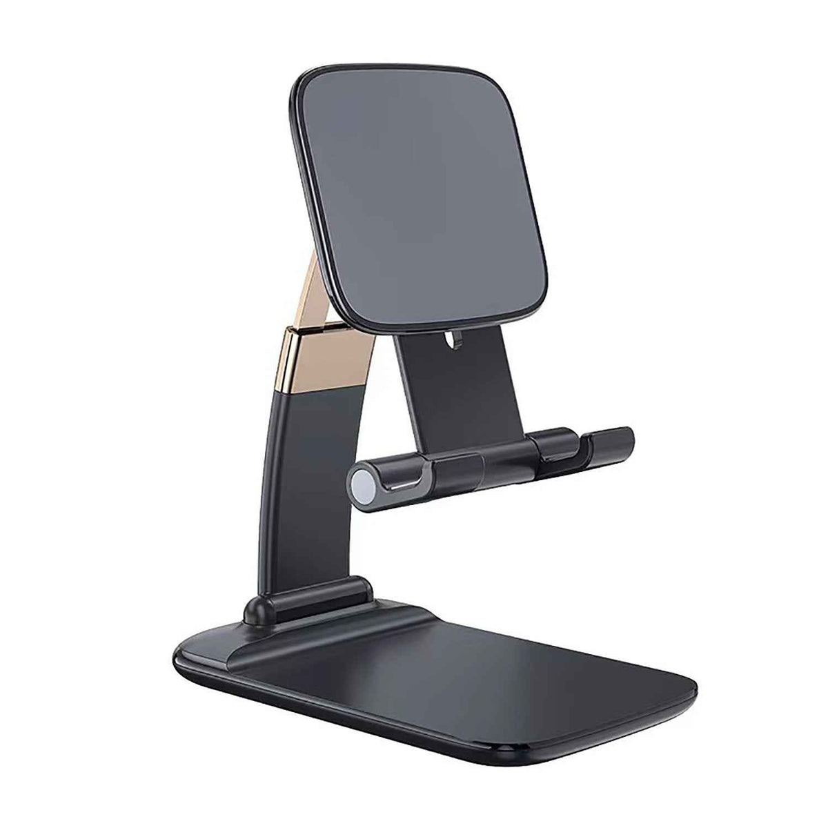 Foldable phone holder stand securely holds a smartphone on a modern desk.