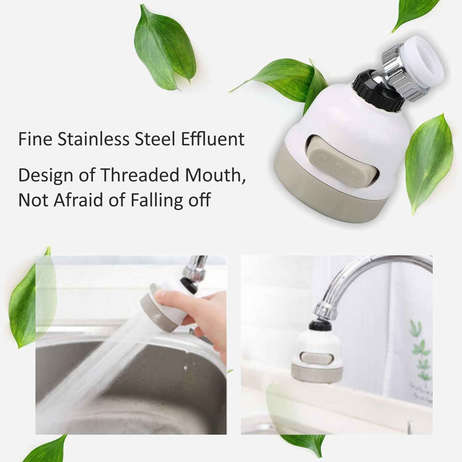 Stainless steel faucet filter sprayer preventing splashes during use in a kitchen sink.