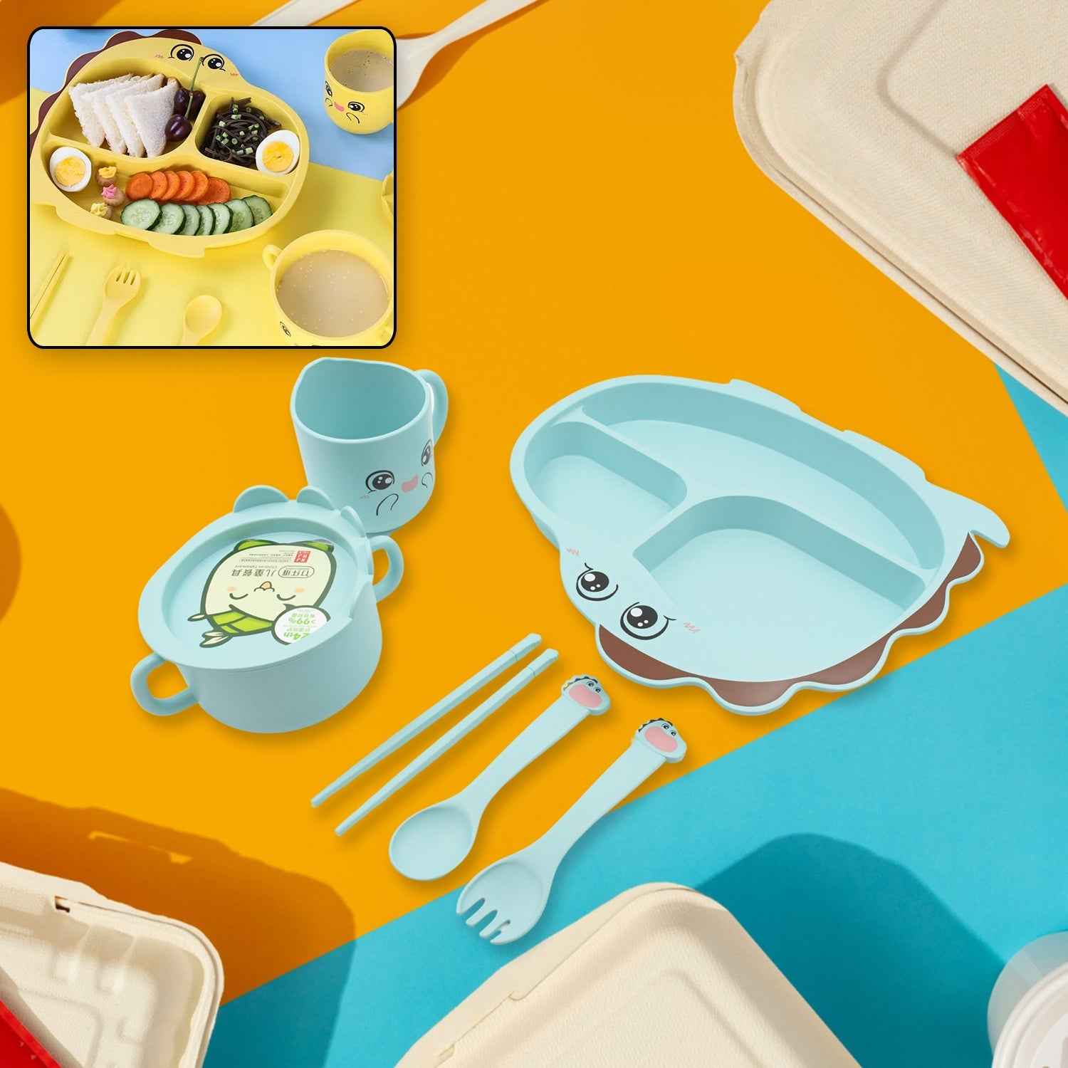 Baby Feeding Set – 7-Piece Bamboo Fibre Dinnerware | Baby Ladle