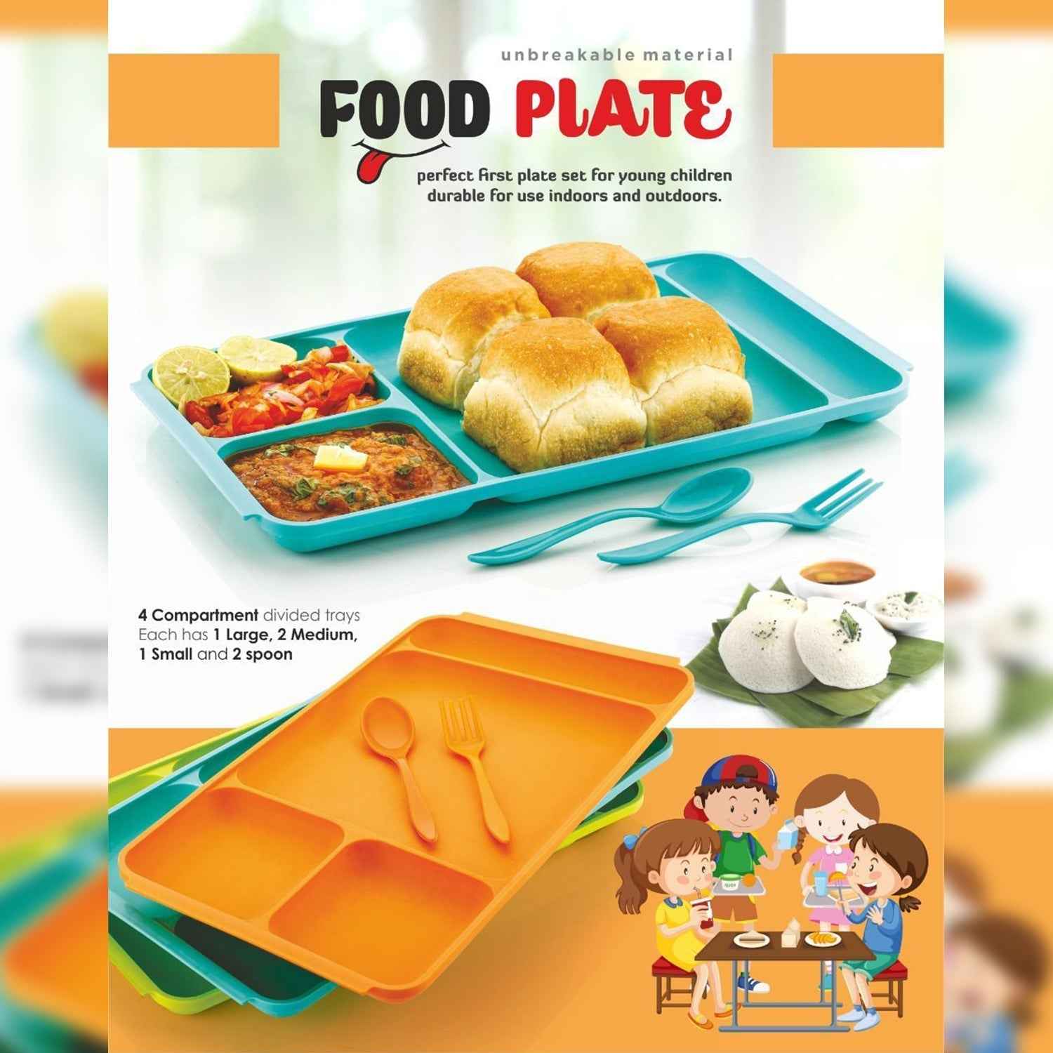 4-Compartment Plate – Plastic Dinner Set with Spoon & Fork |