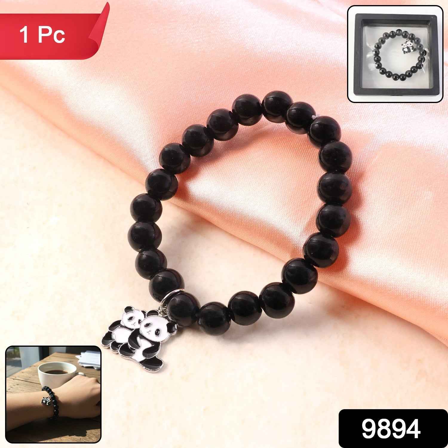 Black Beaded Stretch Bracelet – Cute Panda Charm Accessory