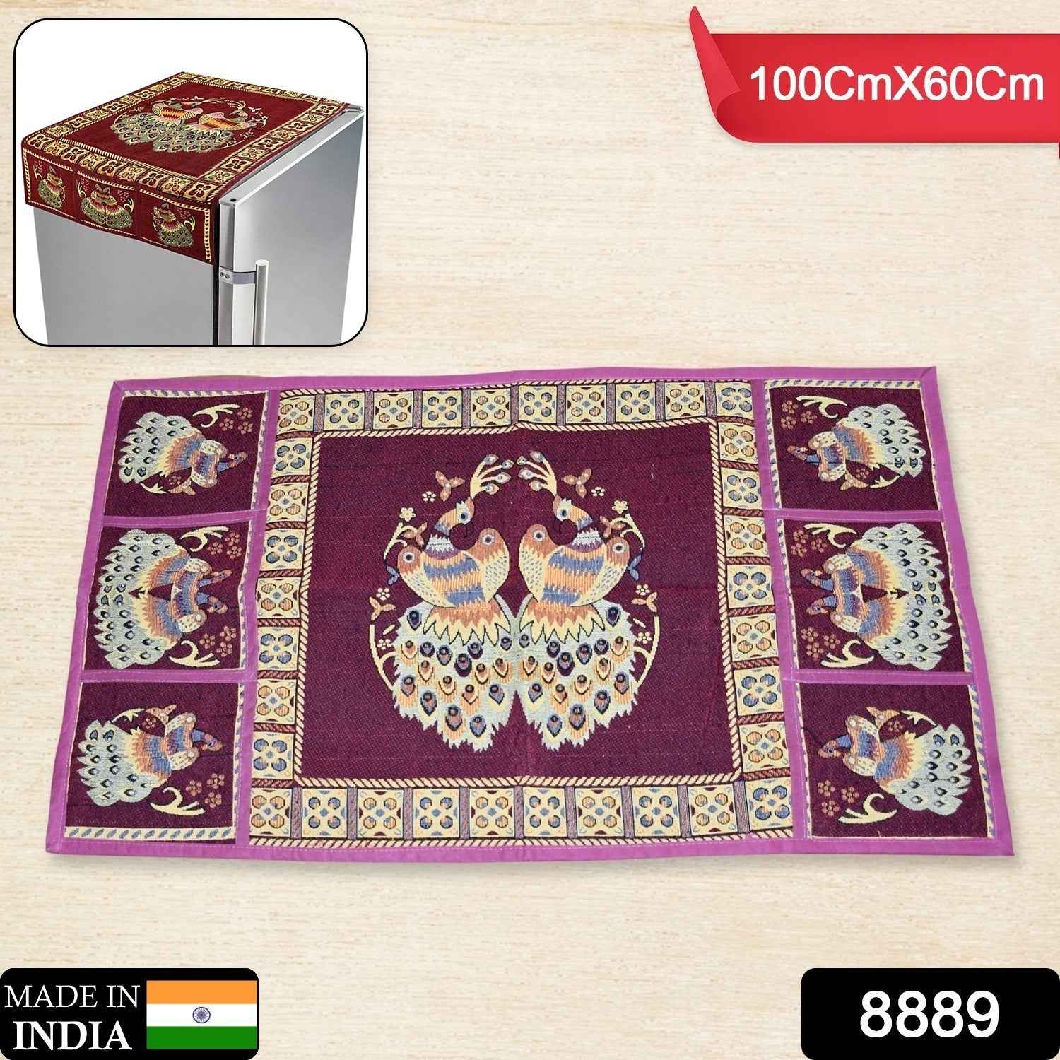Cotton Fridge Top Cover – Peacock Design with Pockets | Dabster