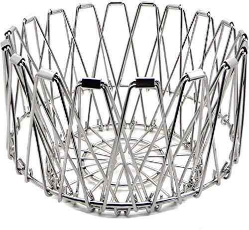 Multipurpose stainless steel wire basket transformed into a stylish fruit bowl for dining.