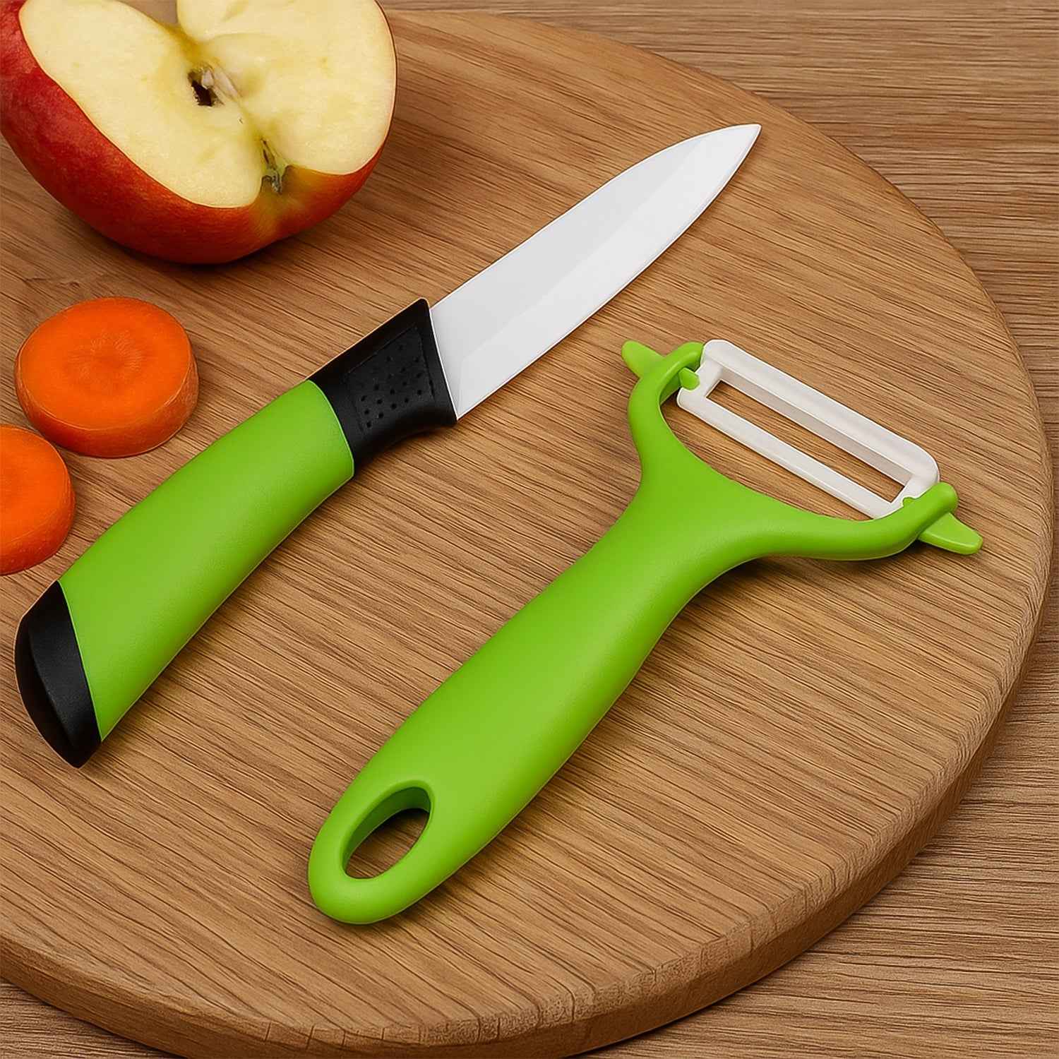 Two-piece Ceramic Knife Set and peeler from Indo Glow, displayed in its packaging.