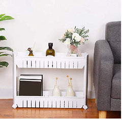 Close-up of the 2-tier slim storage rack shelves, highlighting its design.