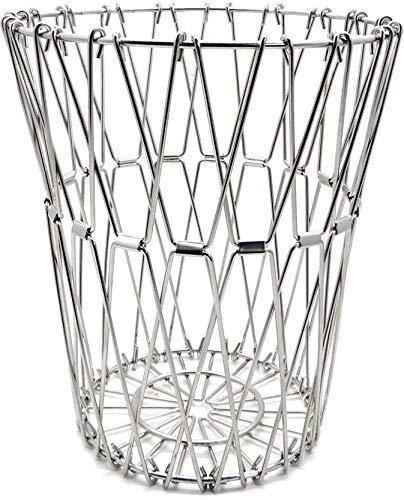 Compact foldable fruit basket in stainless steel, shown in its collapsed form for easy storage.