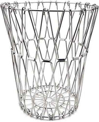 Compact foldable fruit basket in stainless steel, shown in its collapsed form for easy storage.