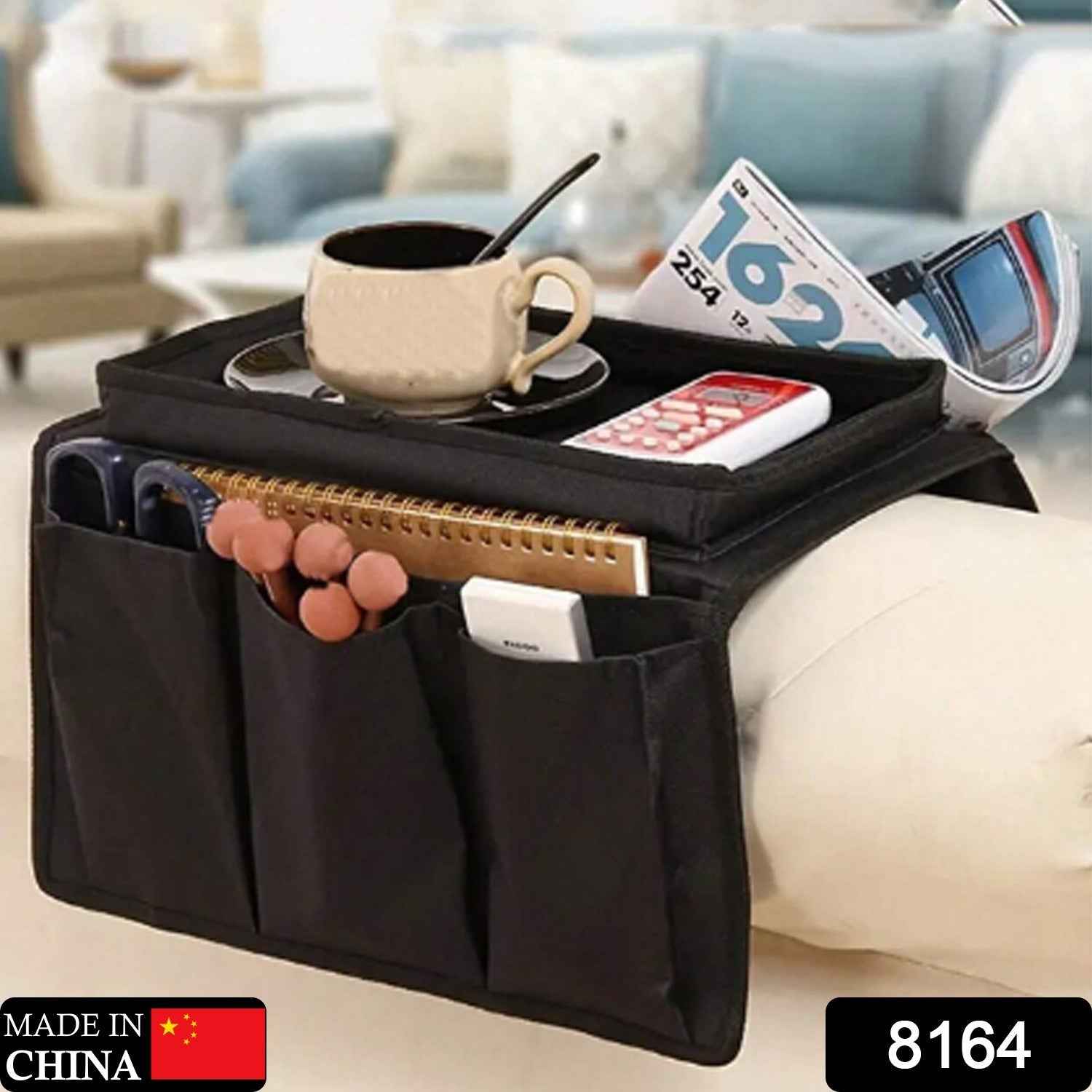 Sofa Armrest Organizer – Black Storage Caddy with Tray | Organivo