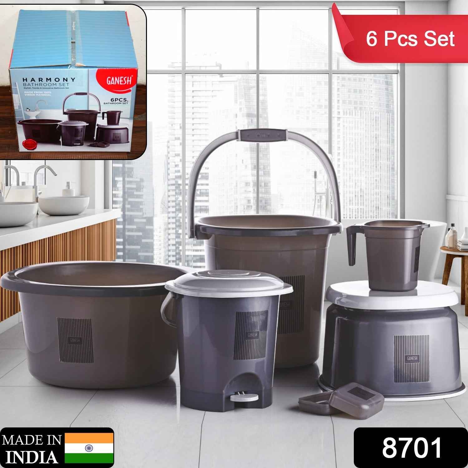Plastic Bathroom Accessories Set – Durable 6-Piece Bath Kit