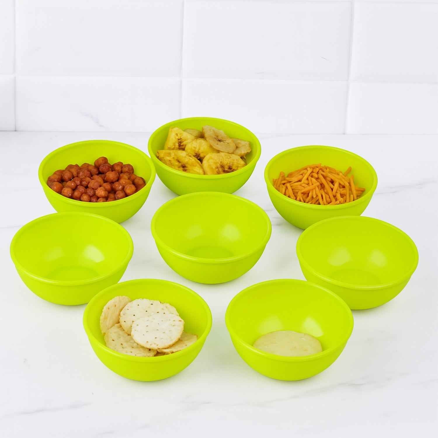 Stacked Microwave Safe Plastic Bowl Set of 8, ready for use.