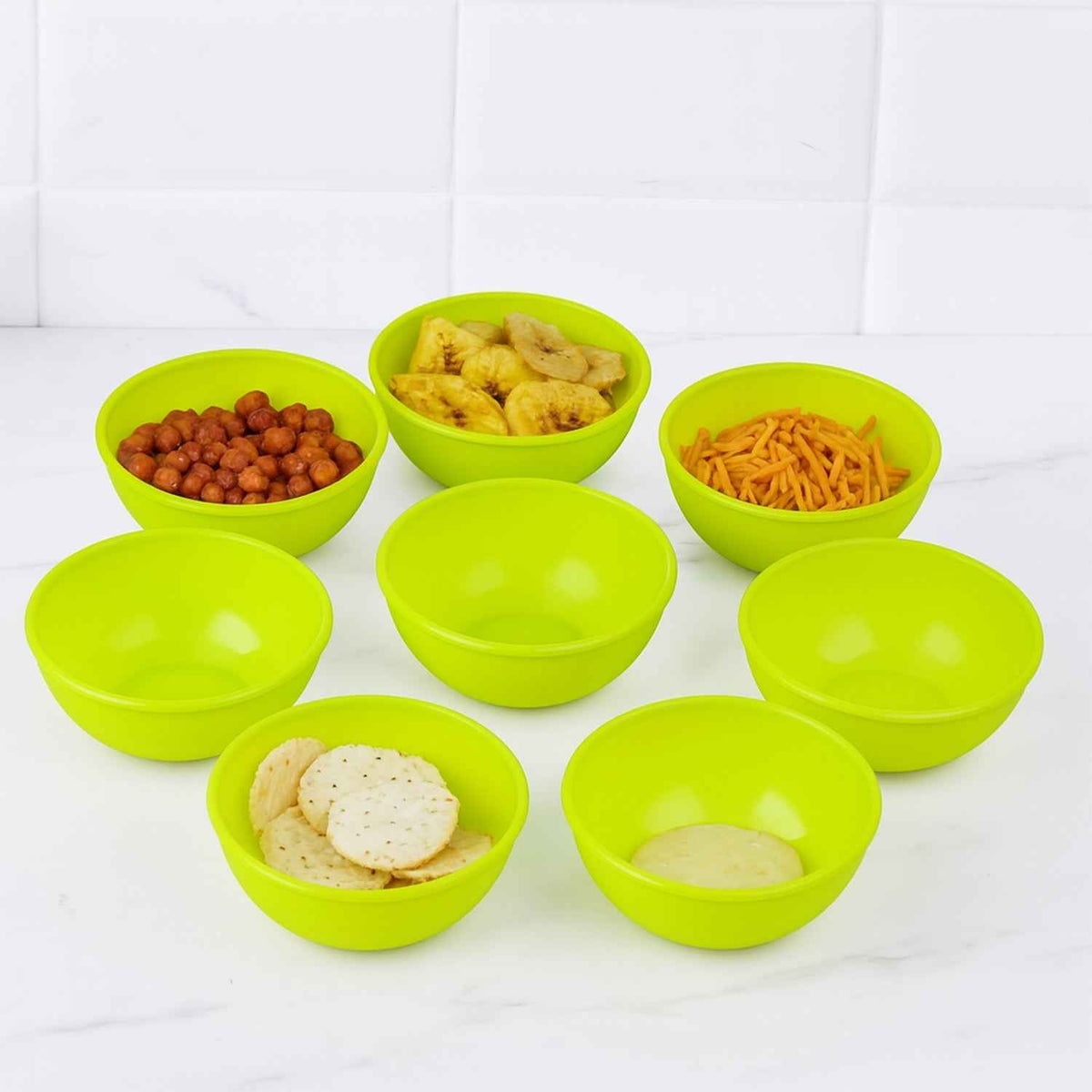 Stacked Microwave Safe Plastic Bowl Set of 8, ready for use.