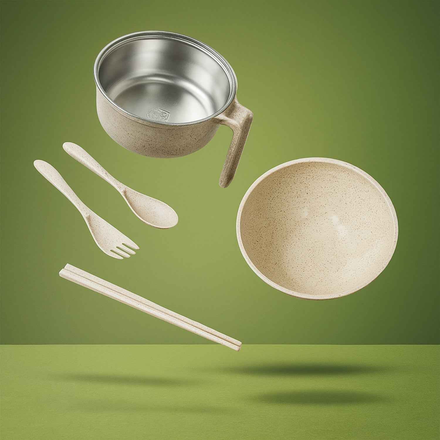 Wheat Straw Rice Bowl Set – 6 Pcs, Lid & Cutlery | Jiaqi