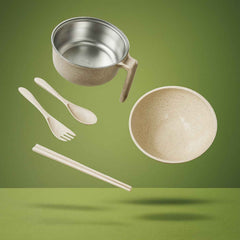 Wheat Straw Rice Bowl Set – 6 Pcs, Lid & Cutlery | Jiaqi