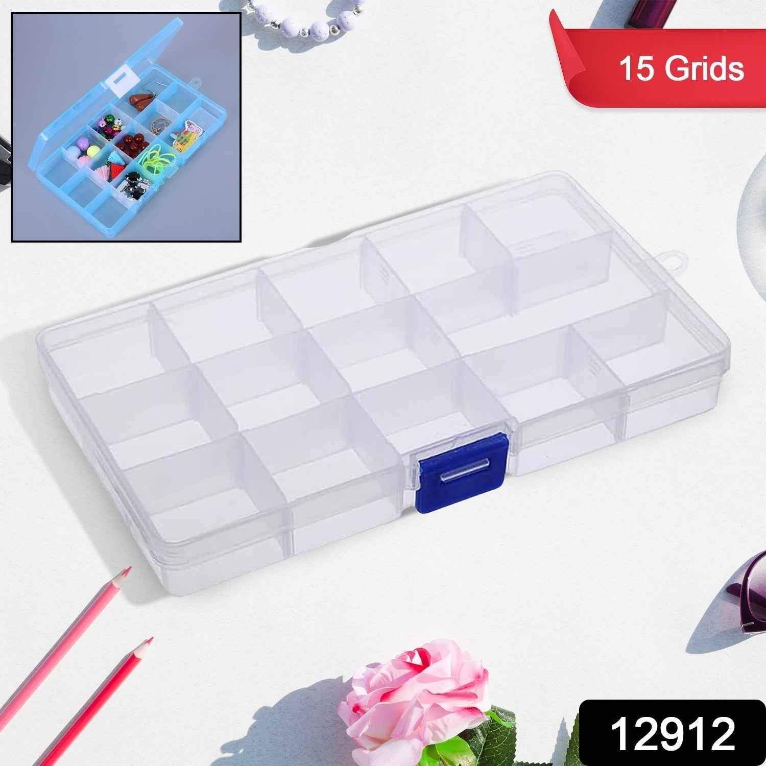 Jewellery Organizer Box – 15-Grid Clear Plastic with Dividers |