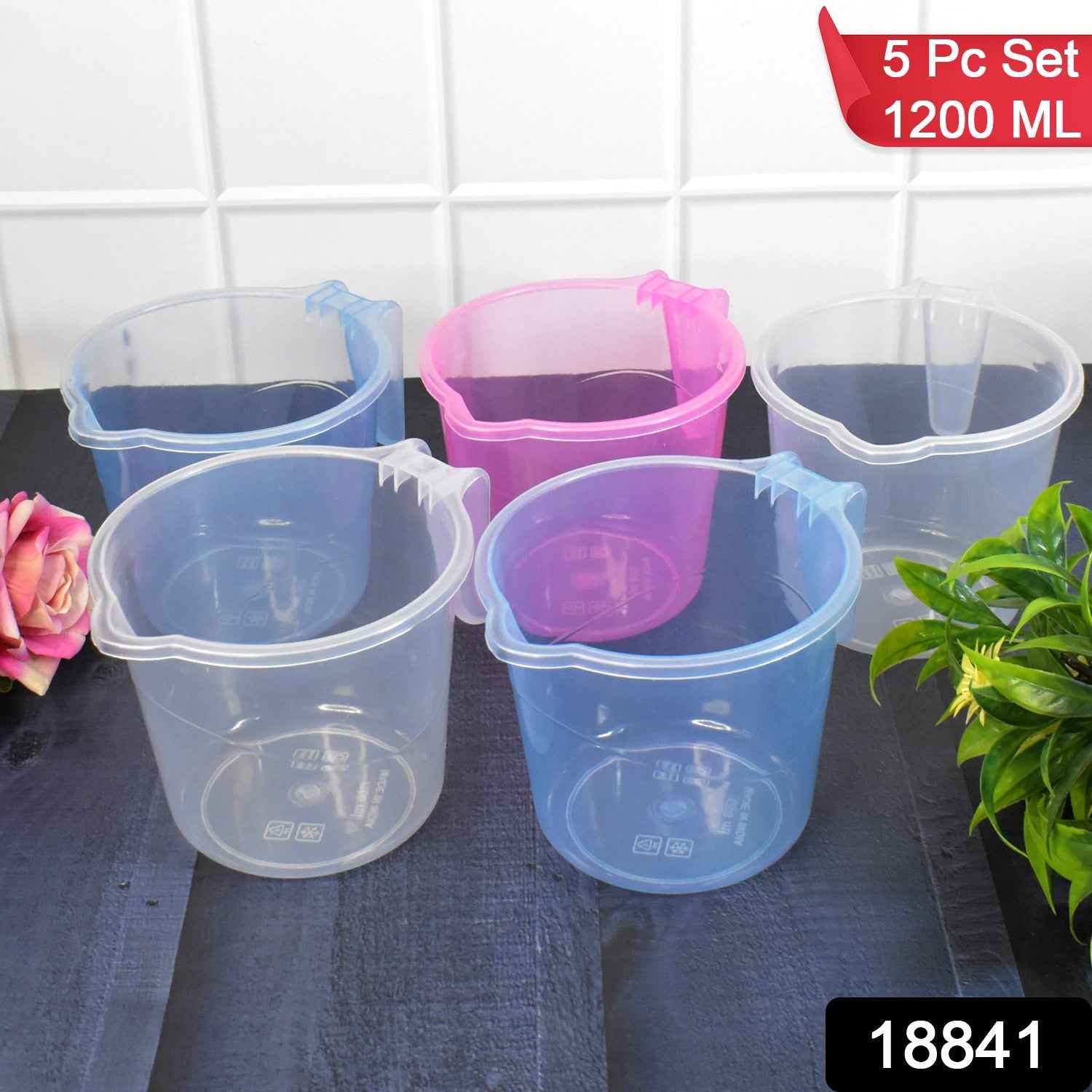 Set of five durable 1200 ML plastic bath mugs with a comfortable handle.