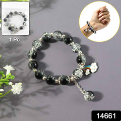 Black Crystal Beaded Charm Bracelet – Stylish Stretchable Wristwear