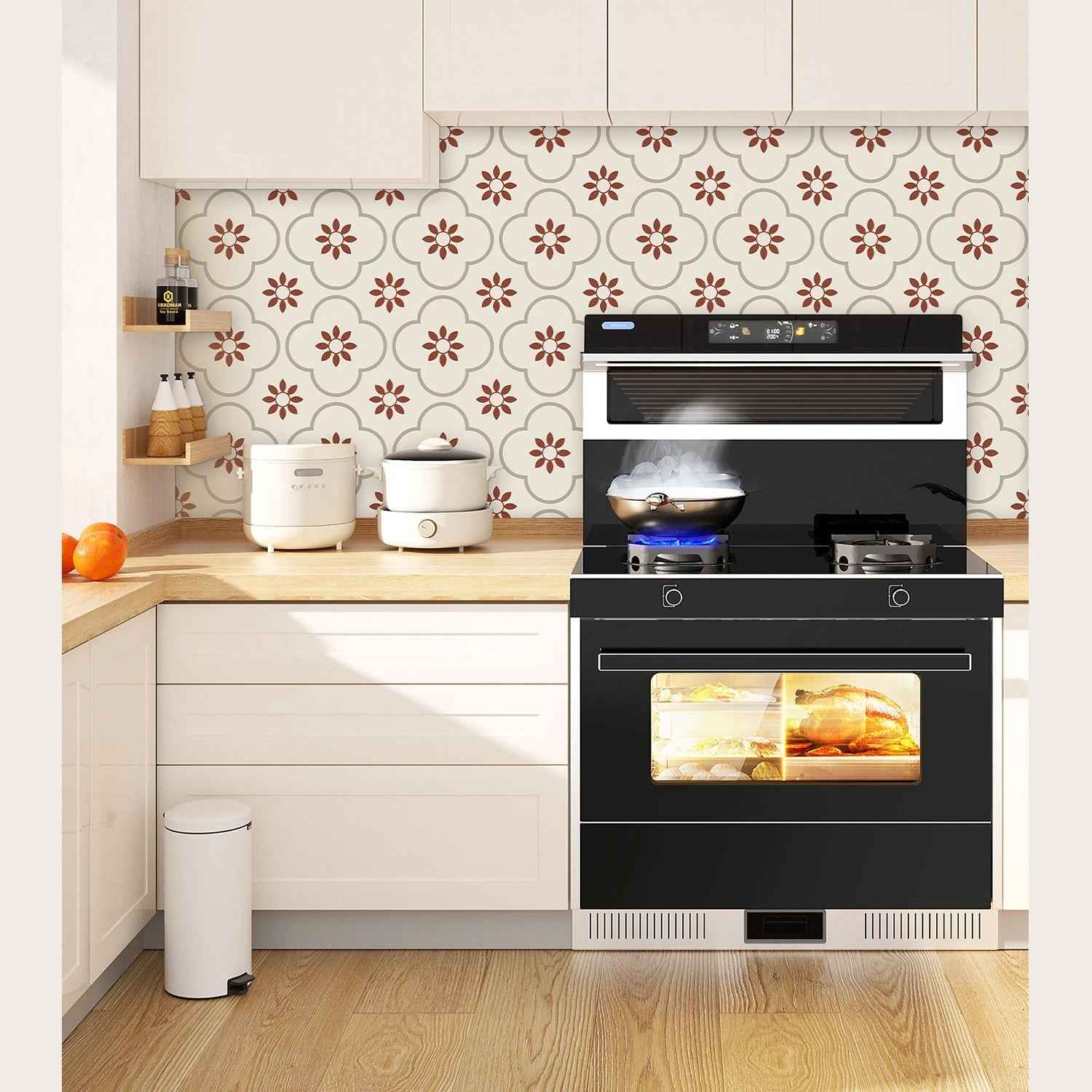 Hand applying a DIY peel and stick tile sticker to a smooth wall surface.
